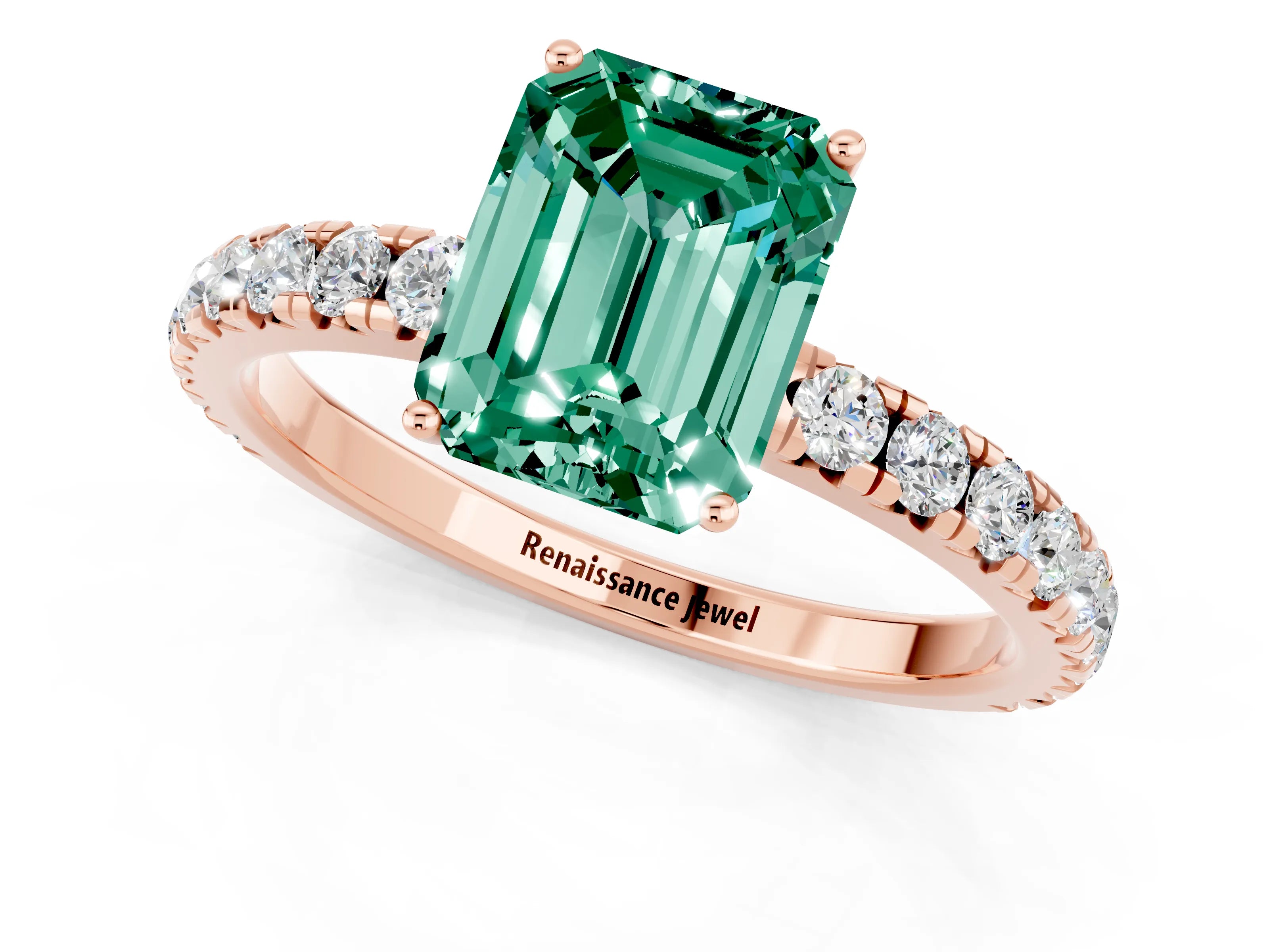 Rose gold Emerald Cut Green Sapphire Pavé Solitaire Engagement Ring with Four-Prong Setting_13