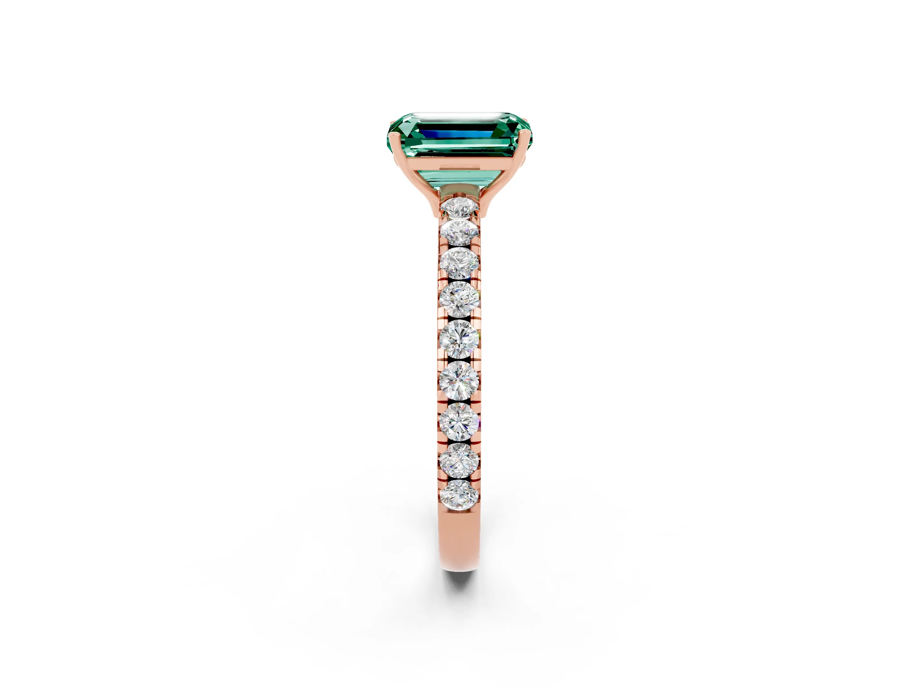 Rose gold Emerald Cut Green Sapphire Pavé Solitaire Engagement Ring with Four-Prong Setting_14