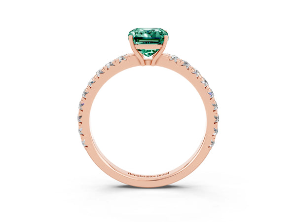 Rose gold Emerald Cut Green Sapphire Pavé Solitaire Engagement Ring with Four-Prong Setting