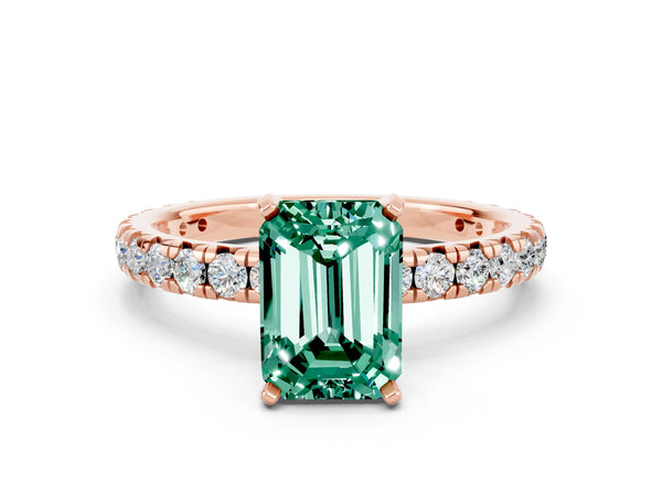 Rose gold Emerald Cut Green Sapphire Pavé Solitaire Ring with Round Band and Prong Setting