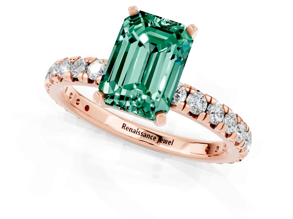 Rose gold Emerald Cut Green Sapphire Pavé Solitaire Ring with Round Band and Prong Setting