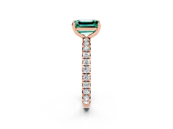 Rose gold Emerald Cut Green Sapphire Pavé Solitaire Ring with Round Band and Prong Setting