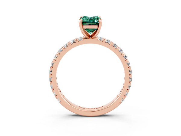 Rose gold Emerald Cut Green Sapphire Pavé Solitaire Ring with Round Band and Prong Setting
