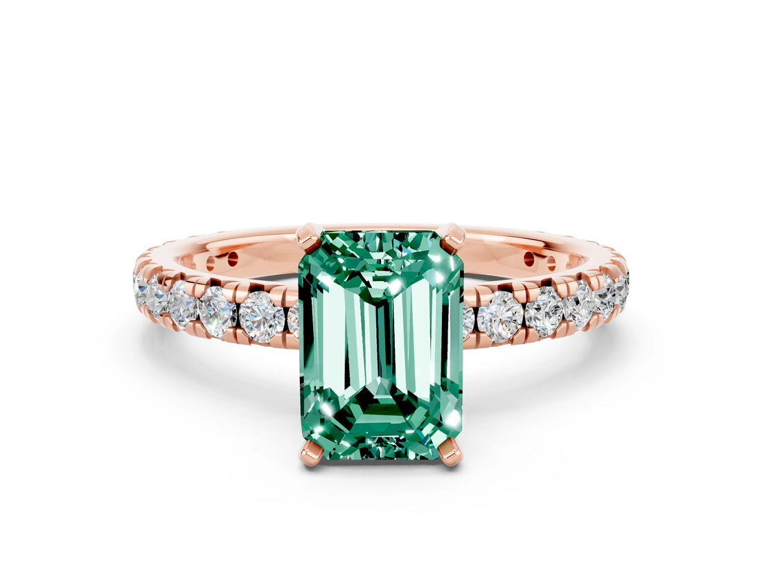 Rose gold Emerald Cut Green Sapphire Pavé Solitaire Ring with Round Band and Prong Setting_24