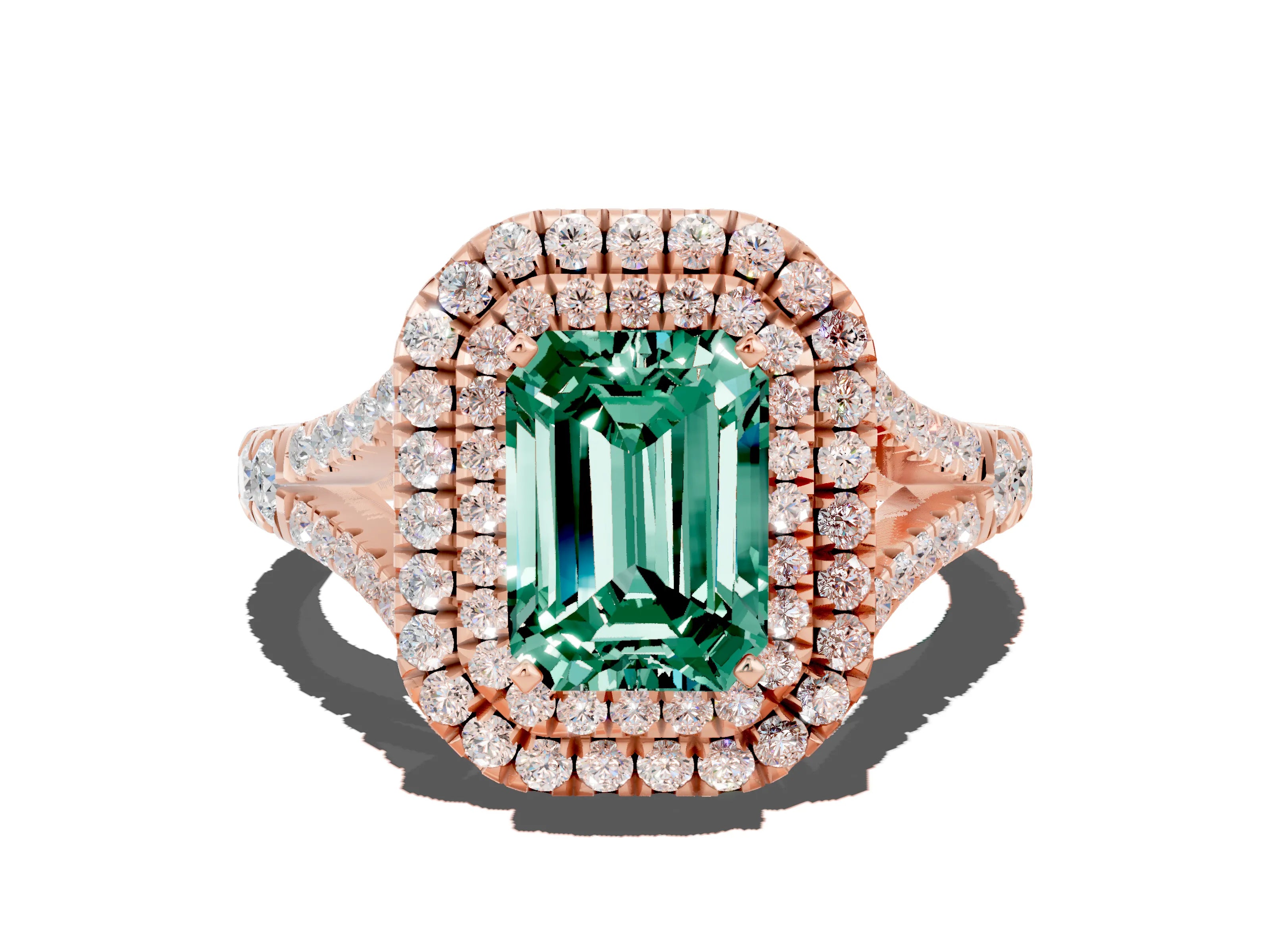 Rose gold Emerald Cut Green Sapphire Pavé Split Shank Double Halo Engagement Ring