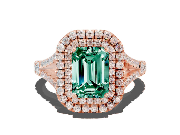 Rose gold Emerald Cut Green Sapphire Pavé Split Shank Double Halo Engagement Ring