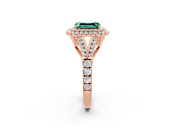 Rose gold Emerald Cut Green Sapphire Pavé Split Shank Double Halo Engagement Ring