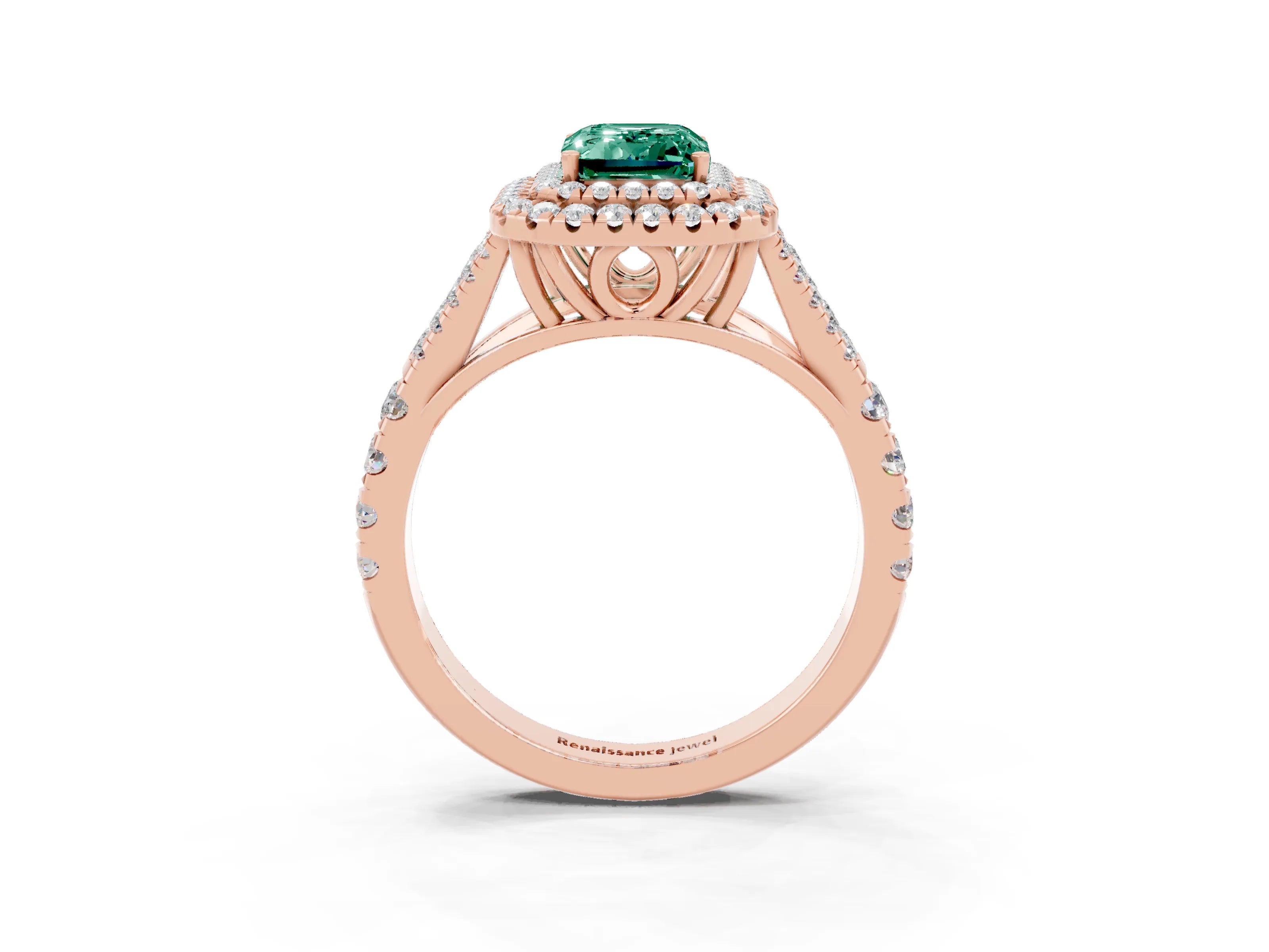 Rose gold Emerald Cut Green Sapphire Pavé Split Shank Double Halo Engagement Ring_3