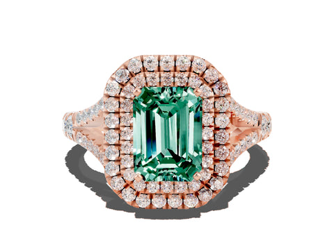 Rose gold Emerald Cut Green Sapphire Pavé Split Shank Double Halo Engagement Ring