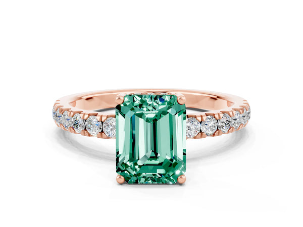 Rose gold Emerald Cut Green Sapphire Pave Band Solitaire Ring with Round  and Prong Setting