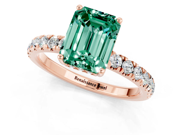 Rose gold Emerald Cut Green Sapphire Pave Band Solitaire Ring with Round  and Prong Setting