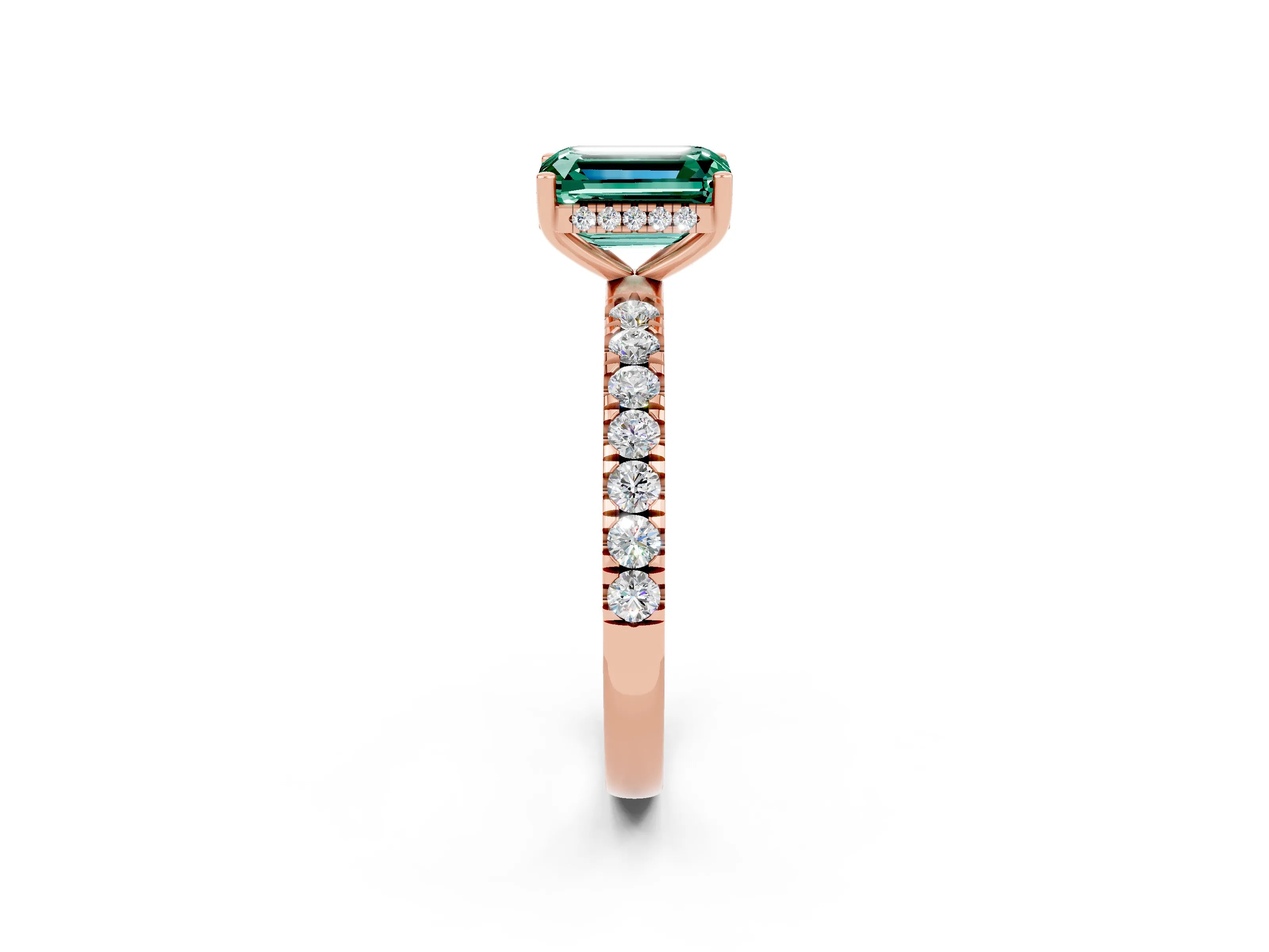 Rose gold Emerald Cut Green Sapphire Pave Band Solitaire Ring with Four-Prong Setting_26