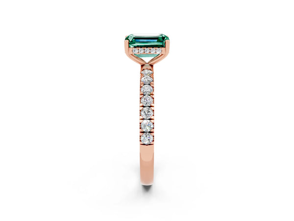 Rose gold Emerald Cut Green Sapphire Pave Band Solitaire Ring with Round  and Prong Setting