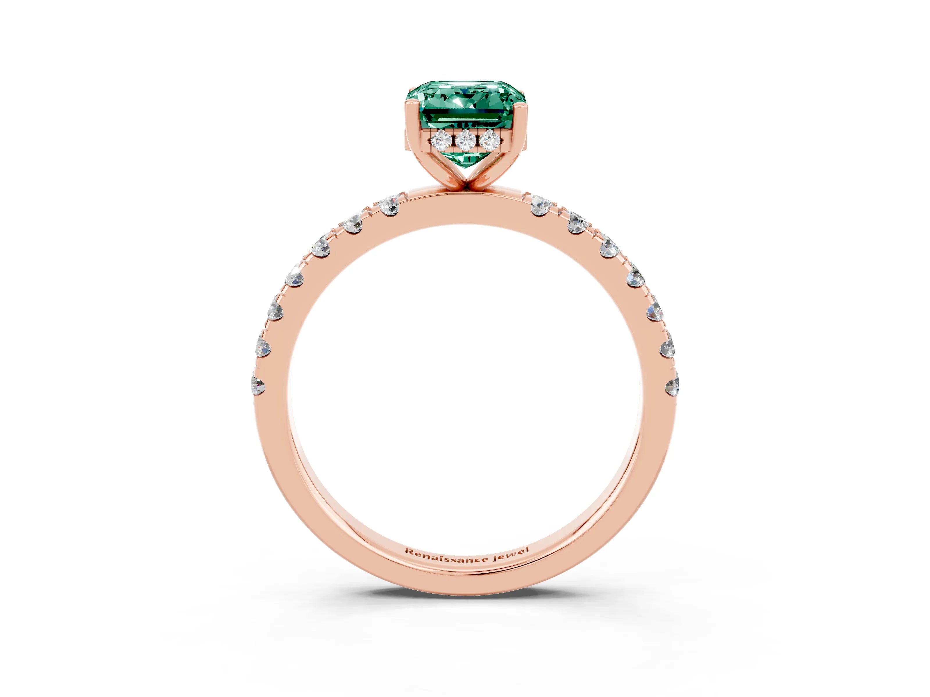 Rose gold Emerald Cut Green Sapphire Pave Band Solitaire Ring with Four-Prong Setting_27