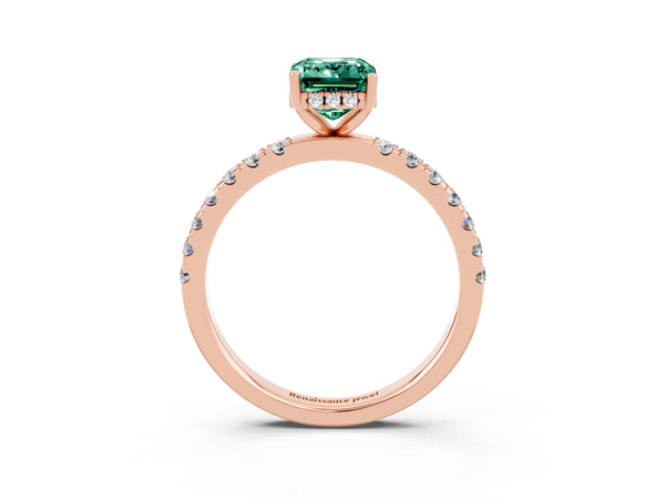 Rose gold Emerald Cut Green Sapphire Pave Band Solitaire Ring with Round  and Prong Setting
