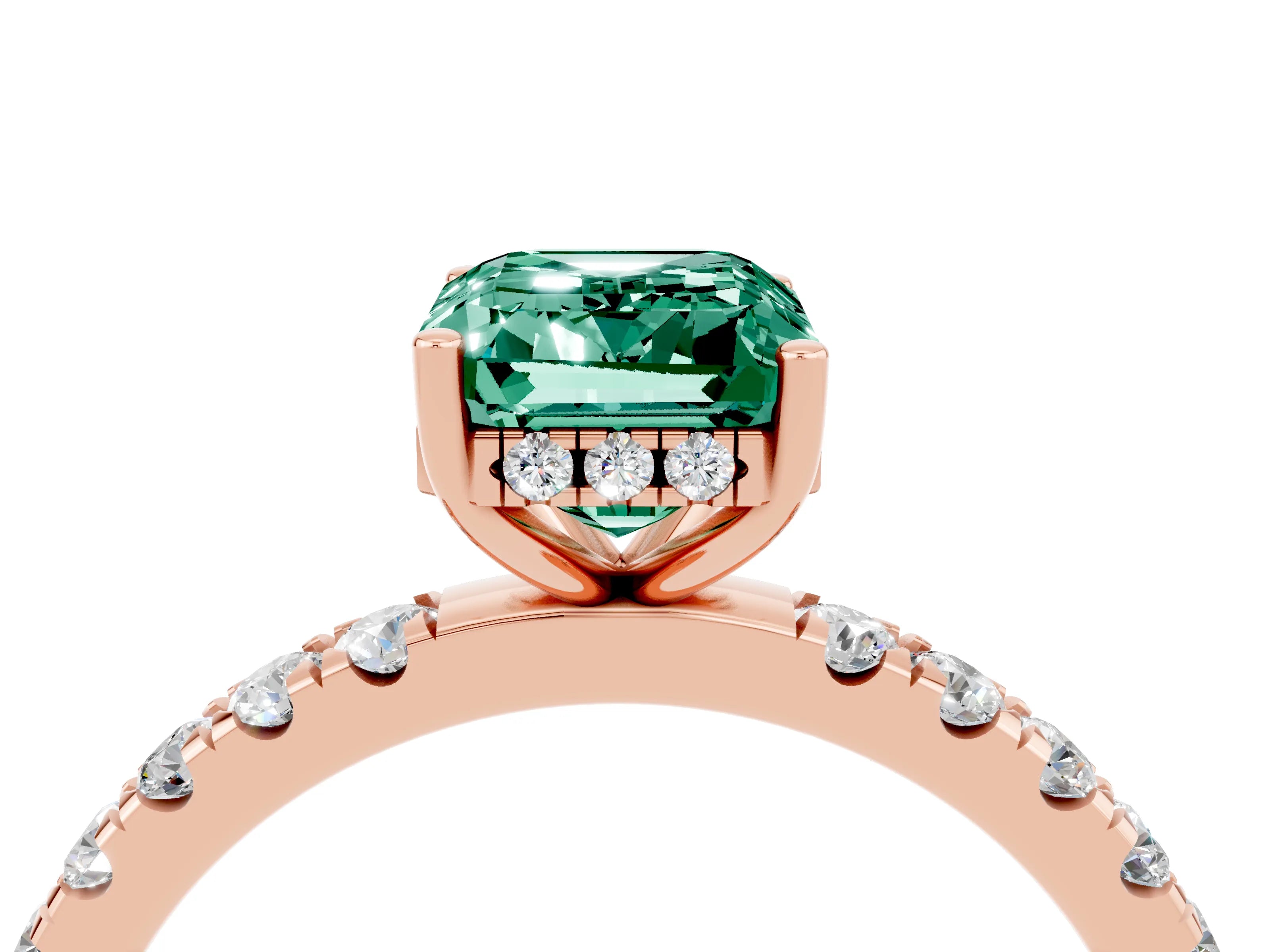 Rose gold Emerald Cut Green Sapphire Pave Band Solitaire Ring with Four-Prong Setting_28