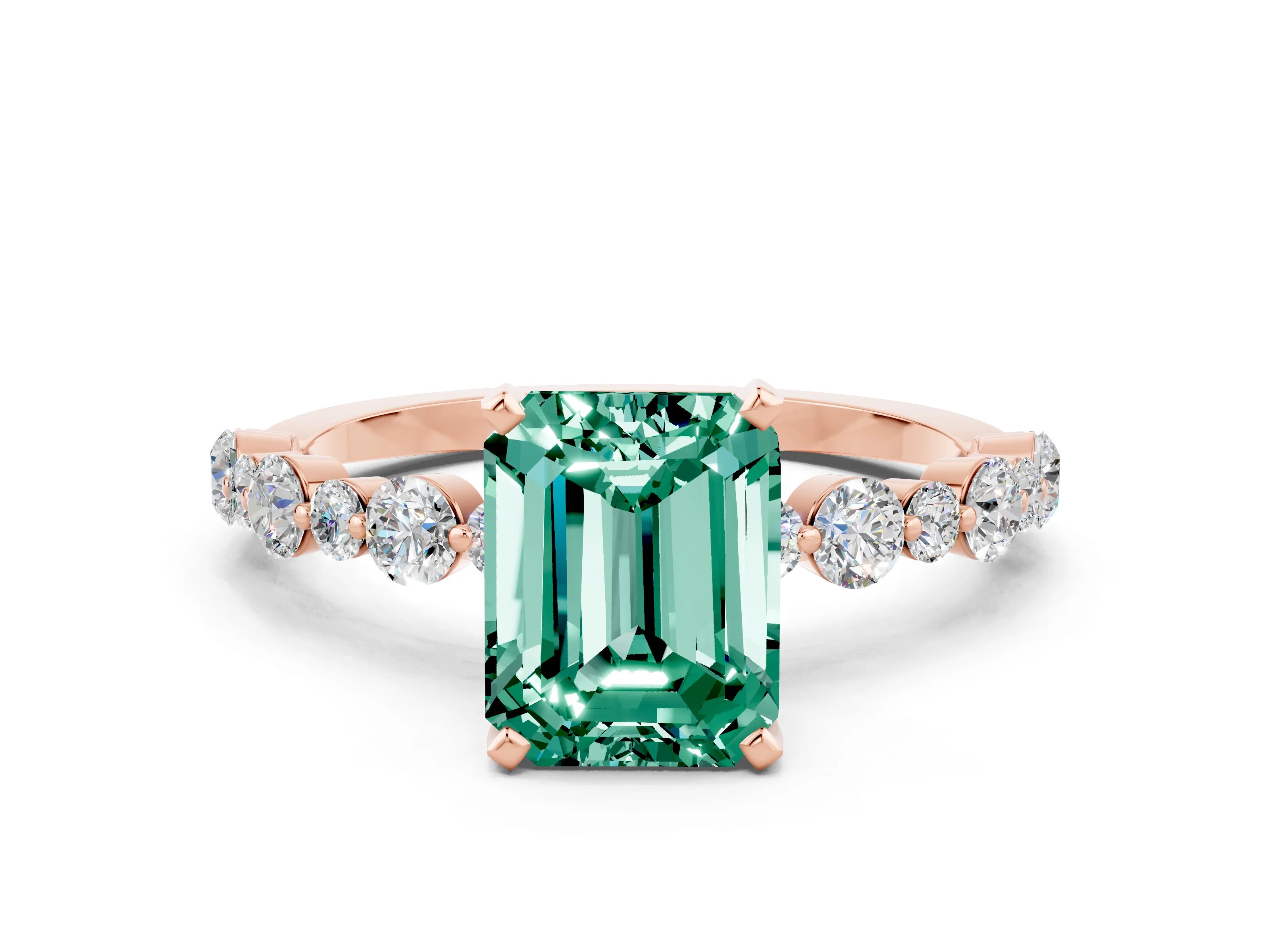 Rose gold Emerald Cut Green Sapphire Prong Set Engagement Ring with Pavé Band