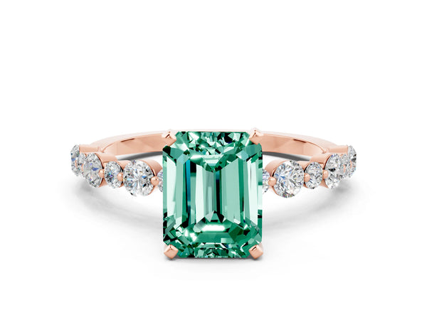 Rose gold Emerald Cut Green Sapphire Prong Set Engagement Ring with Pavé Band