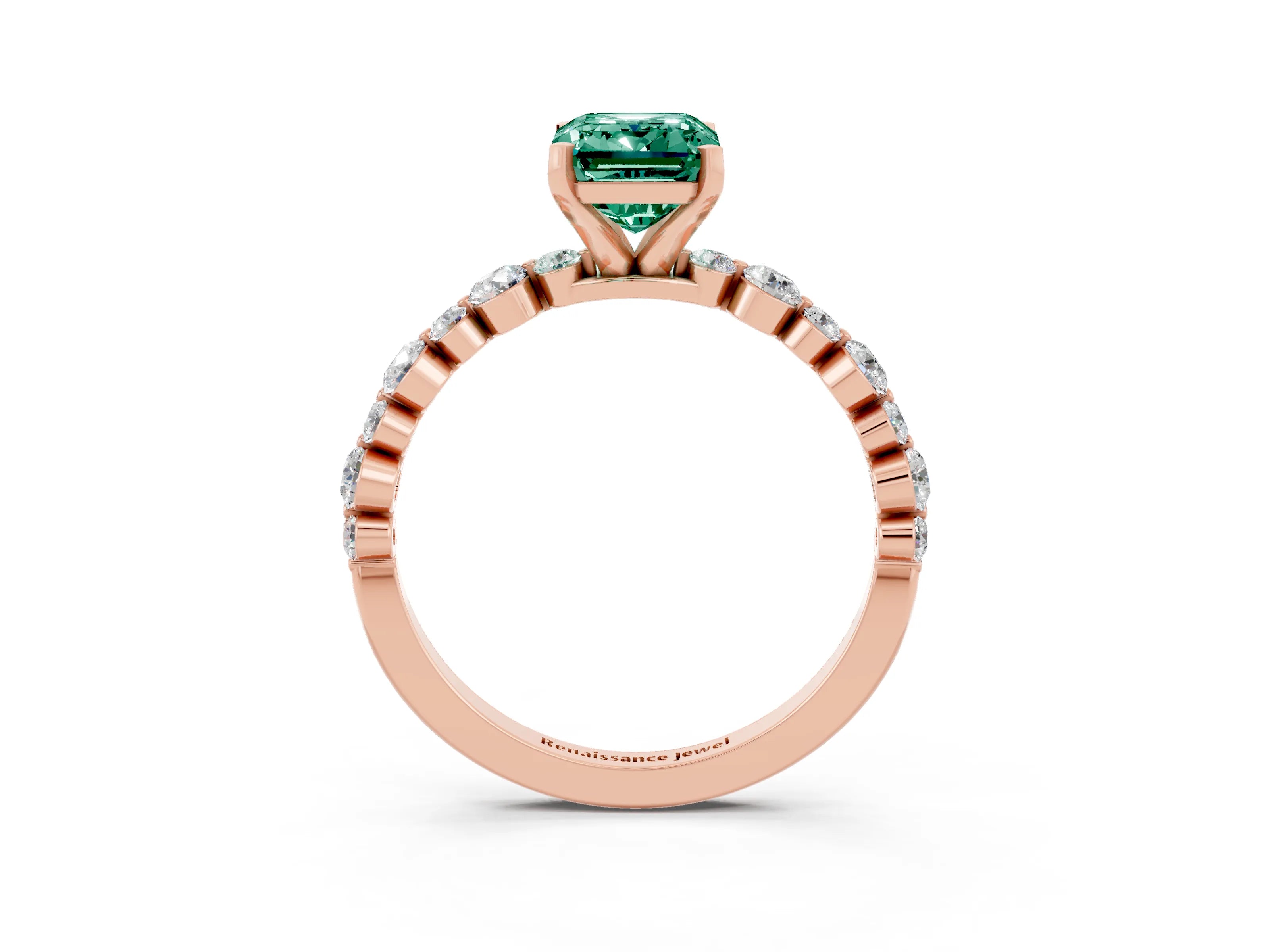 Rose gold Emerald Cut Green Sapphire Prong Set Engagement Ring with Pavé Band_3
