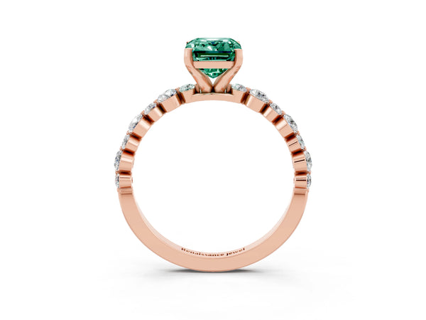 Rose gold Emerald Cut Green Sapphire Prong Set Engagement Ring with Pavé Band
