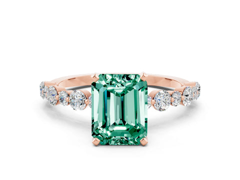 Rose gold Emerald Cut Green Sapphire Prong Set Engagement Ring with Pavé Band