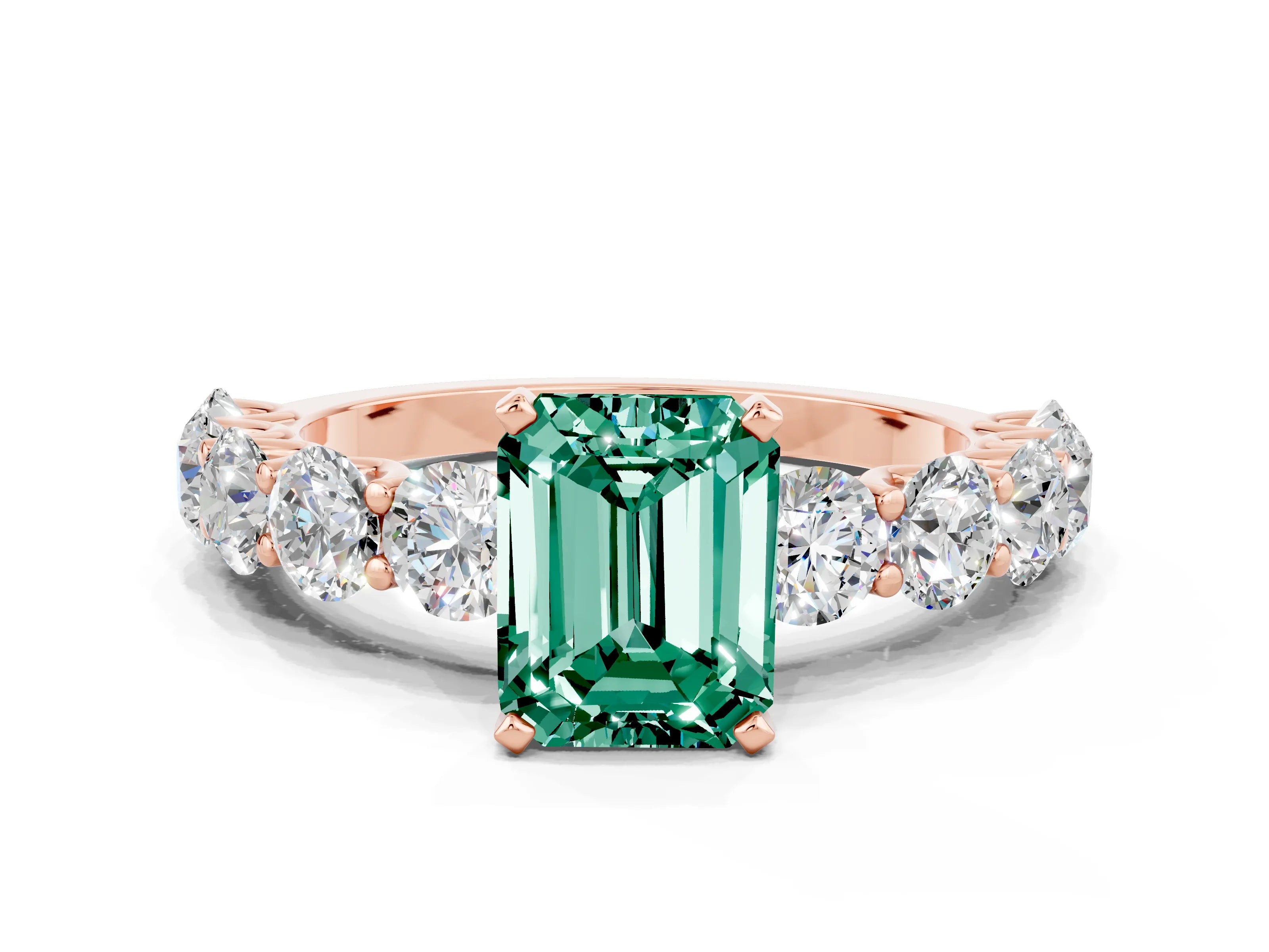 Rose gold Emerald Cut Green Sapphire Prong Setting with Side Stones on a Pave Band