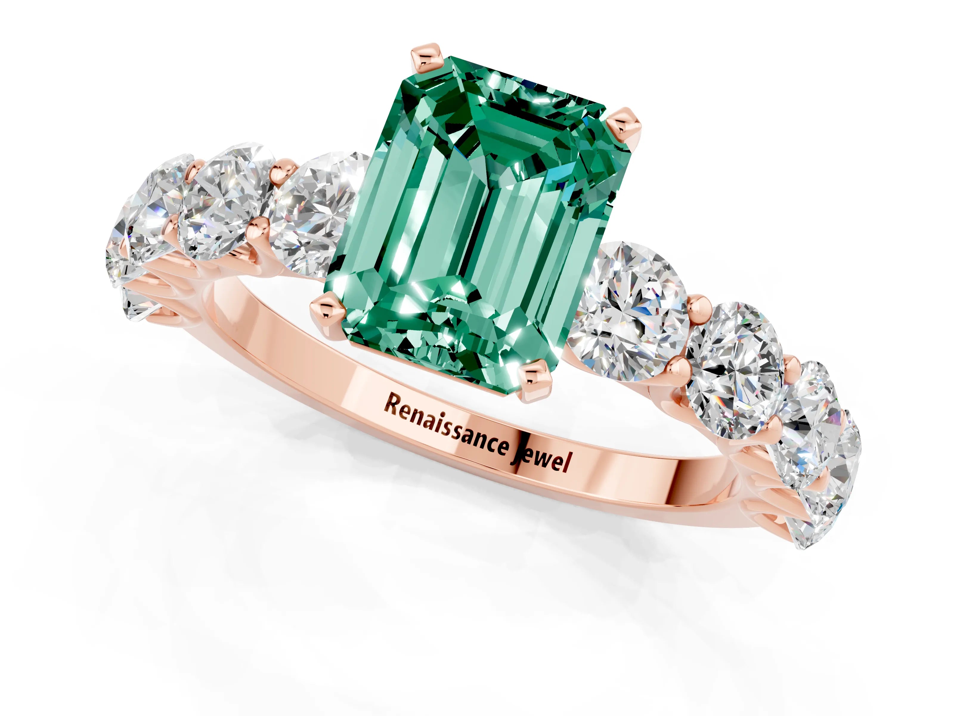Rose gold Emerald Cut Green Sapphire Prong Setting with Side Stones on a Pave Band_1