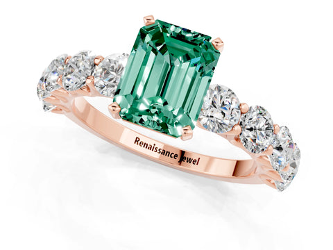 Rose gold Emerald Cut Green Sapphire Prong Setting with Side Stones on a Pave Band_1