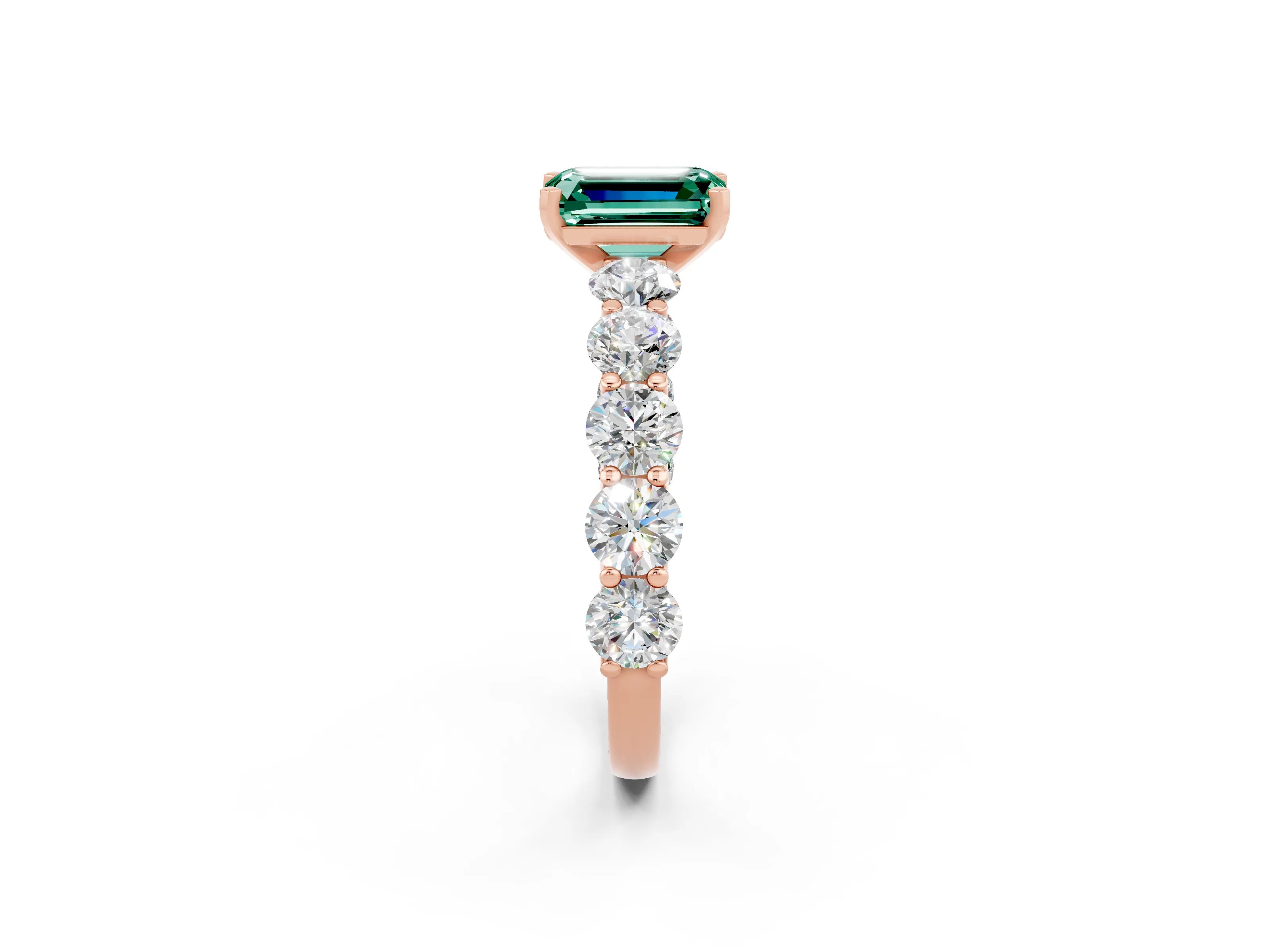 Rose gold Emerald Cut Green Sapphire Prong Setting with Side Stones on a Pave Band_2