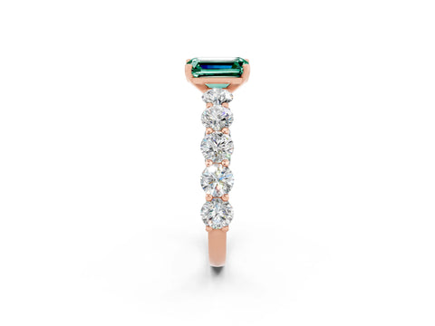 Rose gold Emerald Cut Green Sapphire Prong Setting with Side Stones on a Pave Band_2