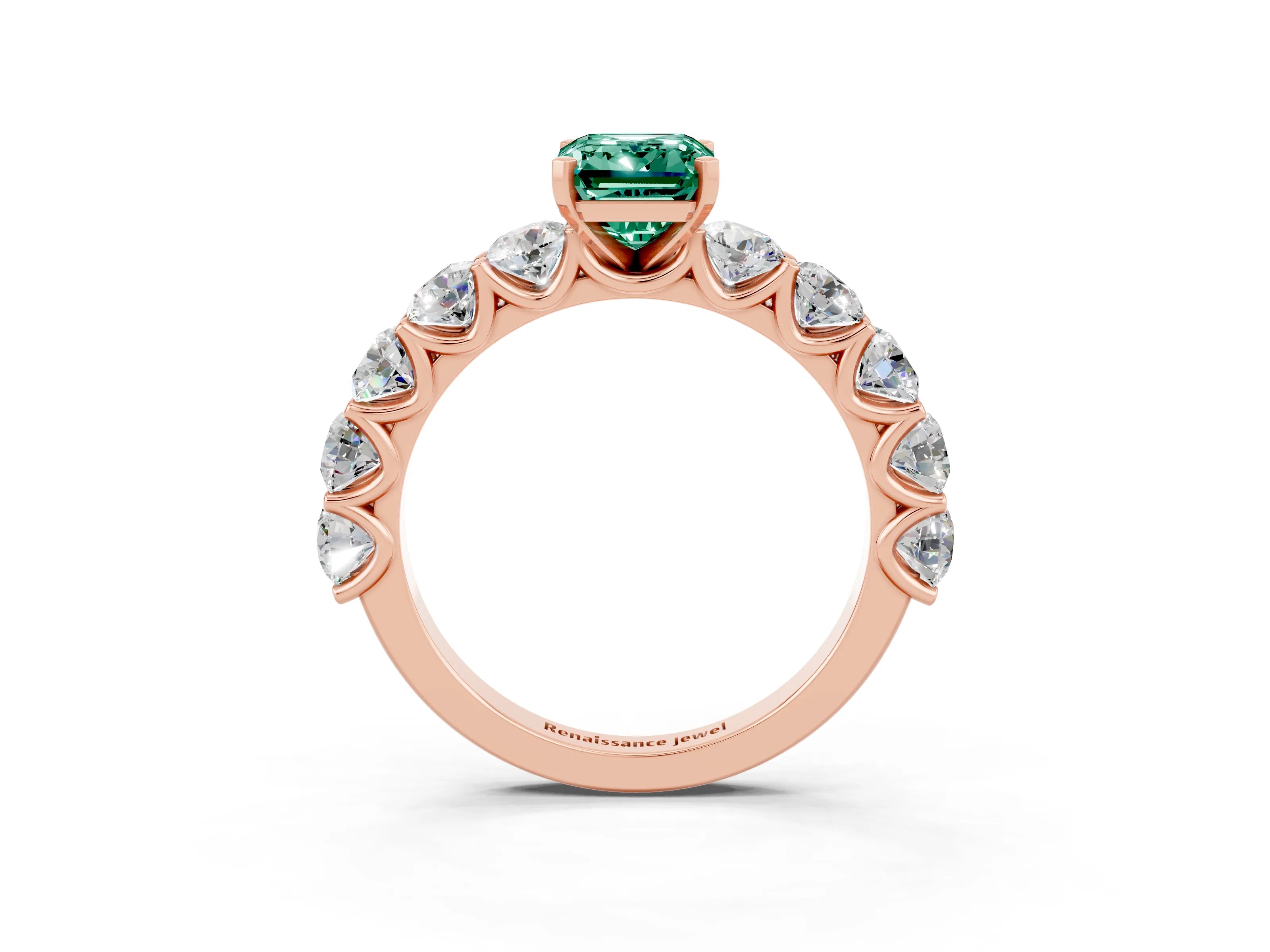 Rose gold Emerald Cut Green Sapphire Prong Setting with Side Stones on a Pave Band_3