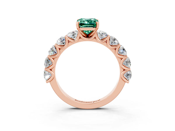 Rose gold Emerald Cut Green Sapphire Prong Setting with Side Stones on a Pave Band