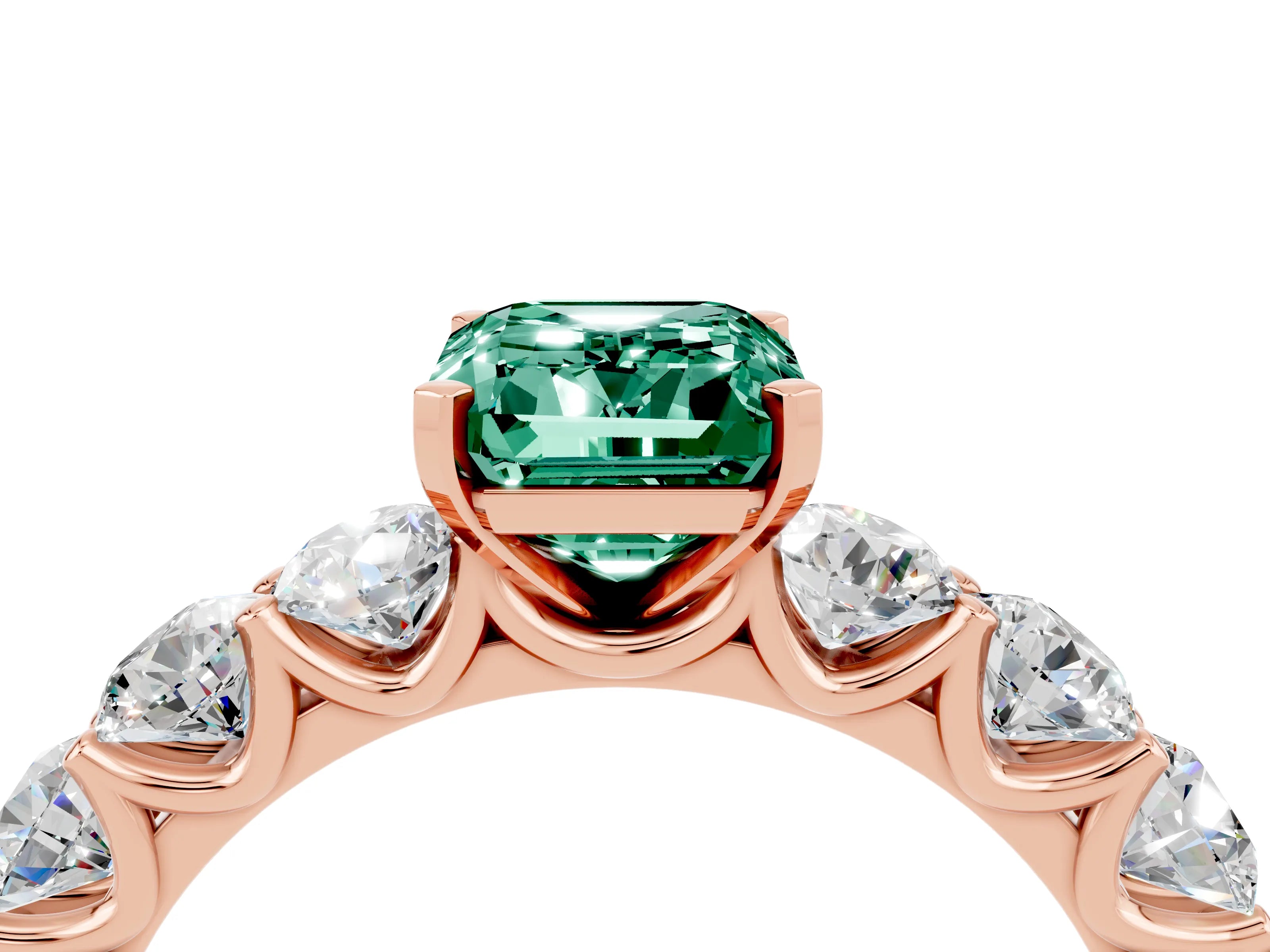 Rose gold Emerald Cut Green Sapphire Prong Setting with Side Stones on a Pave Band_4