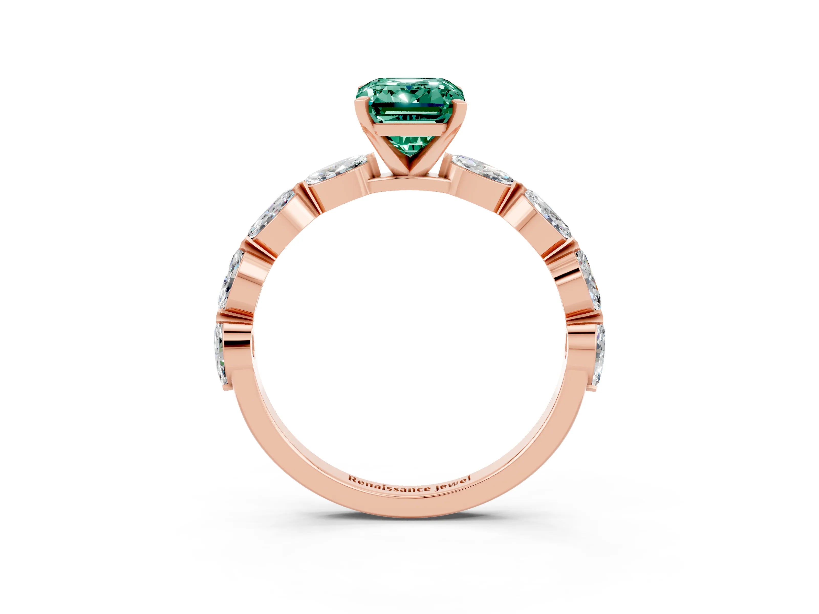 Rose gold Emerald Cut Green Sapphire Ring with Marquise Side Stones and Prong Setting_3