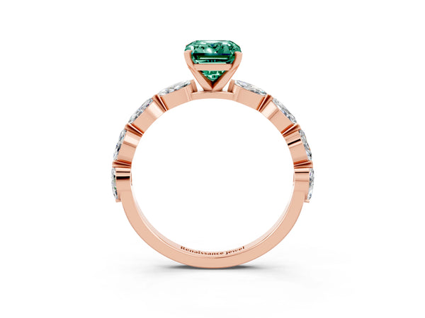 Rose gold Emerald Cut Green Sapphire Ring with Marquise Side Stones and Prong Setting