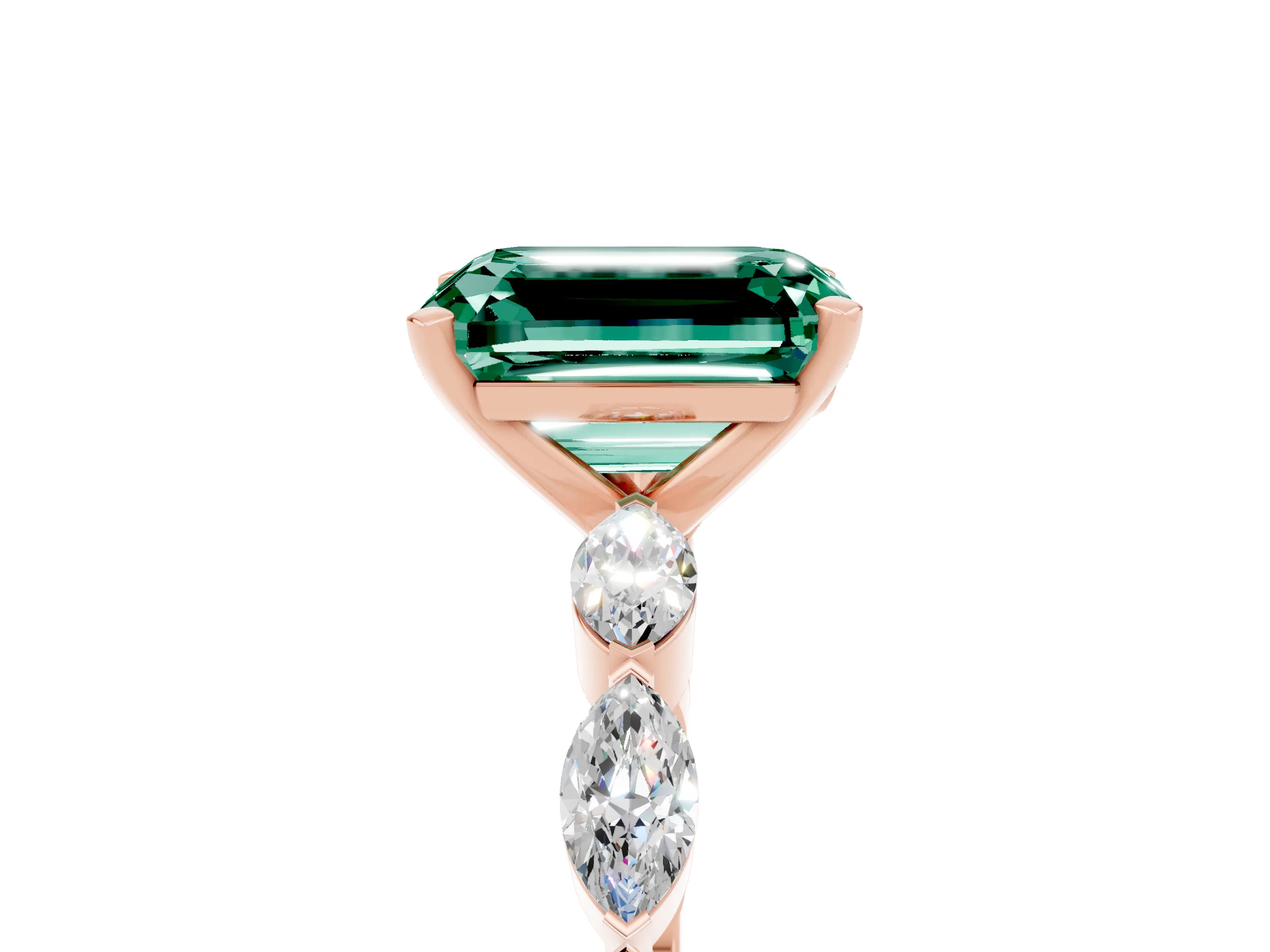 Rose gold Emerald Cut Green Sapphire Ring with Marquise Side Stones and Prong Setting_5