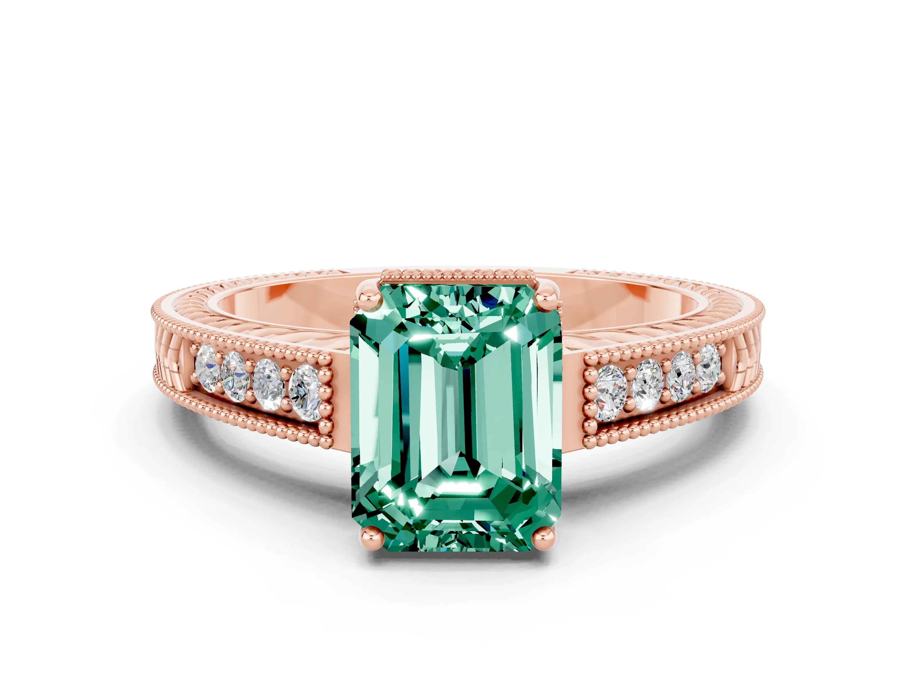 Rose gold Emerald Cut Green Sapphire Ring with Milgrain Pavé Band and Four-Prong Setting_12