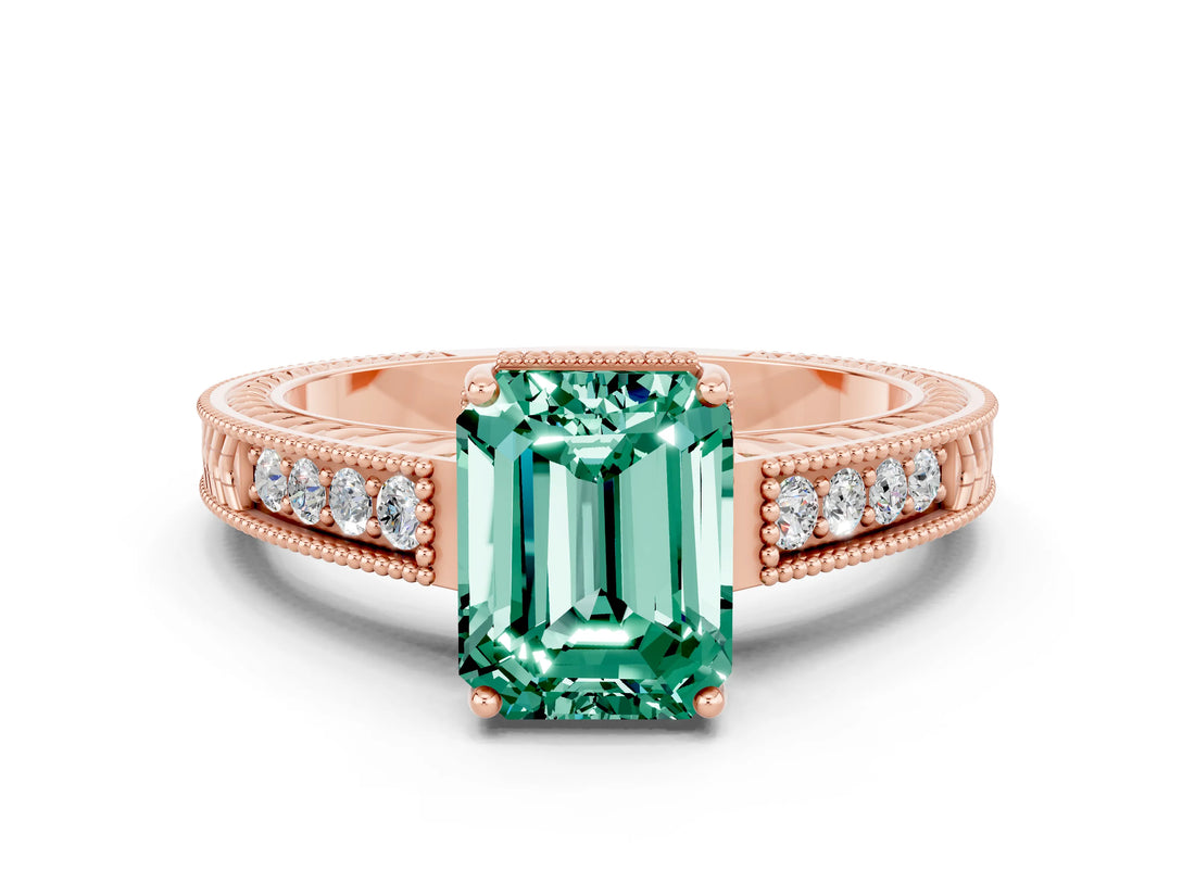 Rose gold Emerald Cut Green Sapphire Ring with Milgrain Pavé Band and Four-Prong Setting_12