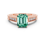 Rose gold Emerald Cut Green Sapphire Ring with Milgrain Pavé Band and Four-Prong Setting_12