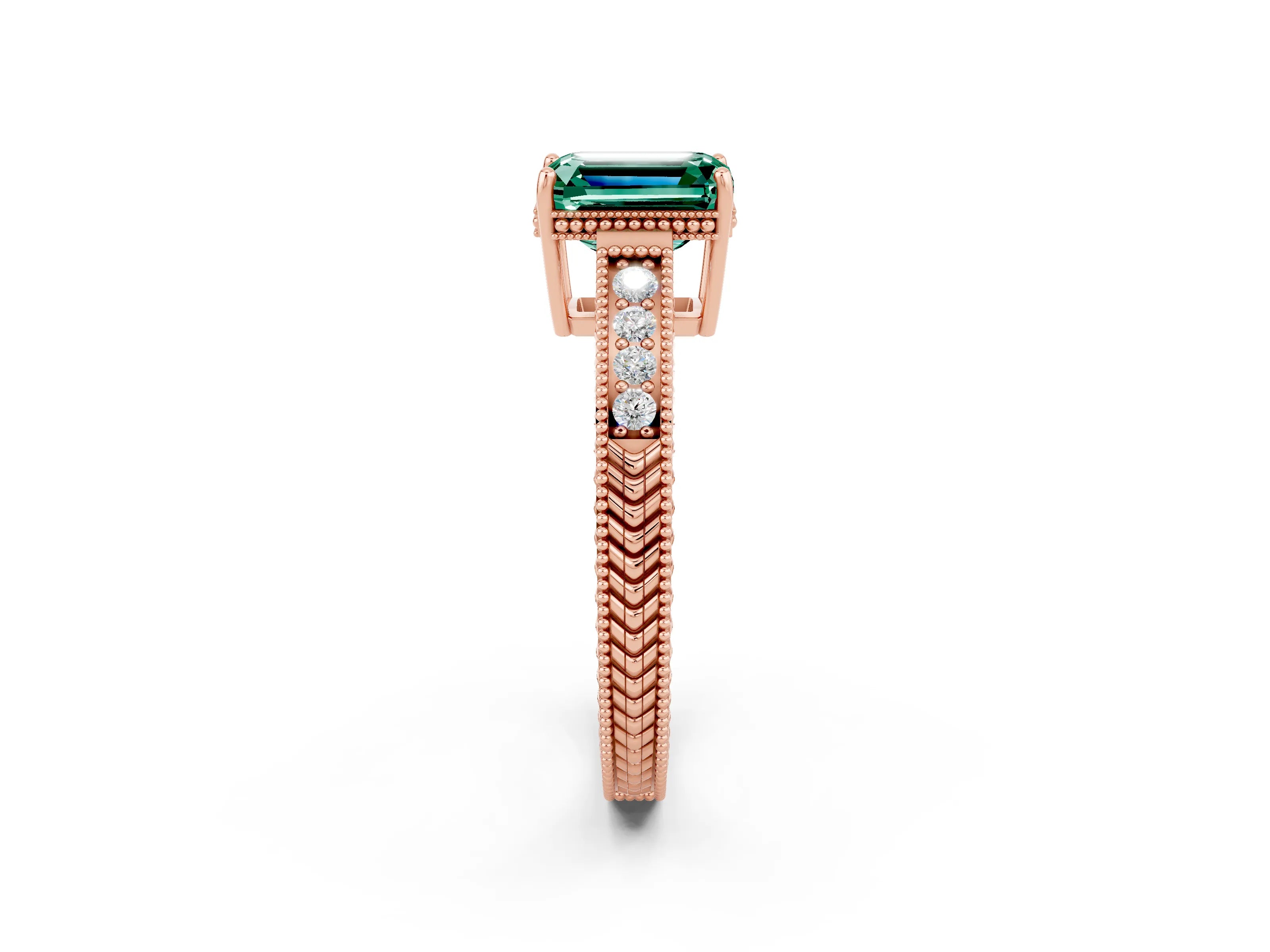 Rose gold Emerald Cut Green Sapphire Ring with Milgrain Pavé Band and Four-Prong Setting_14