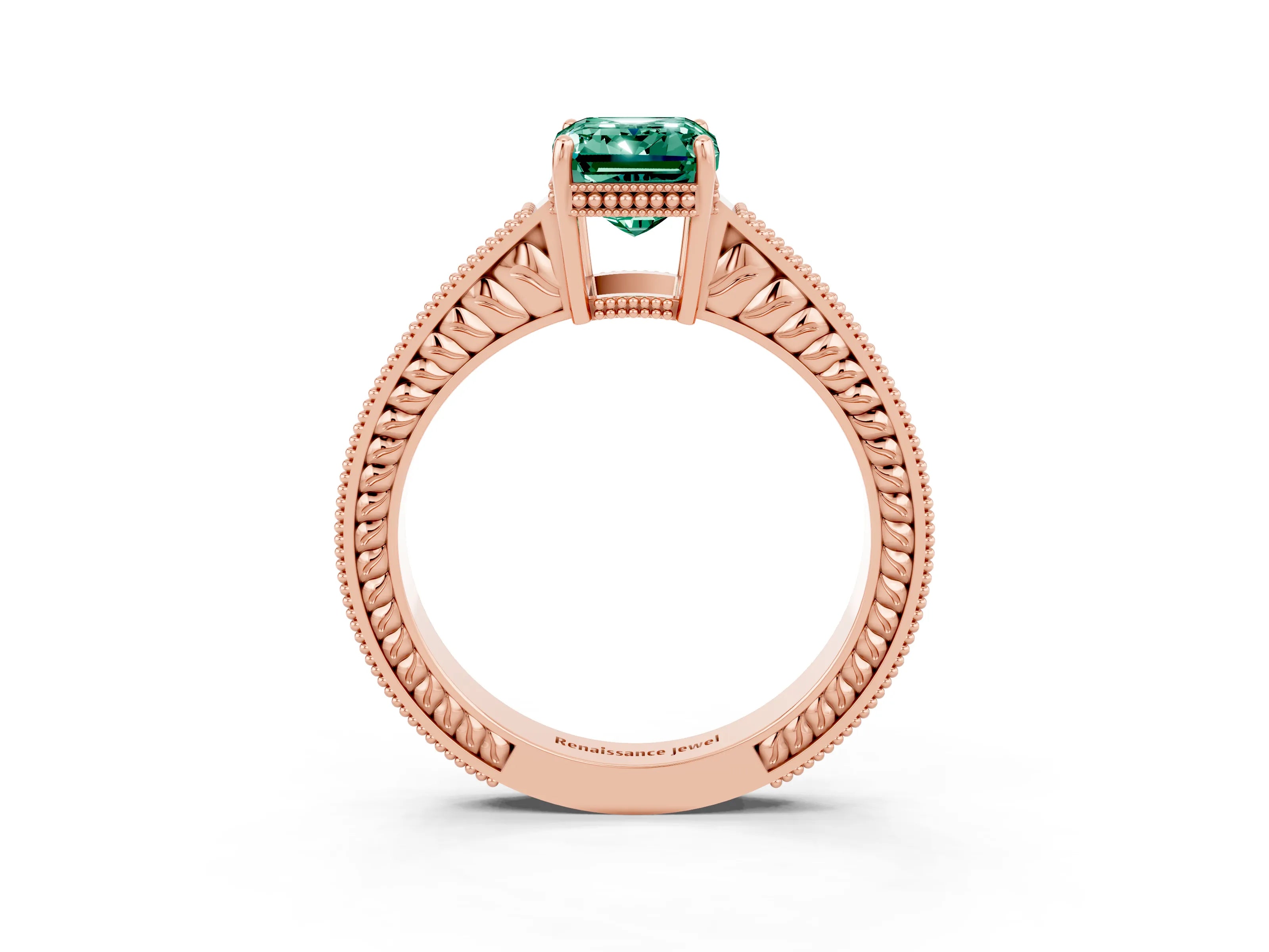 Rose gold Emerald Cut Green Sapphire Ring with Milgrain Pavé Band and Four-Prong Setting_15