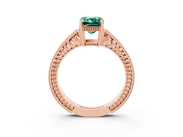 Rose gold Emerald Cut Green Sapphire Ring with Milgrain Pavé Band and Four-Prong Setting
