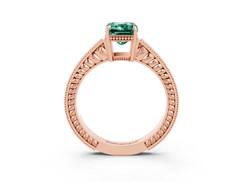 Rose gold Emerald Cut Green Sapphire Ring with Milgrain Pavé Band and Four-Prong Setting_15