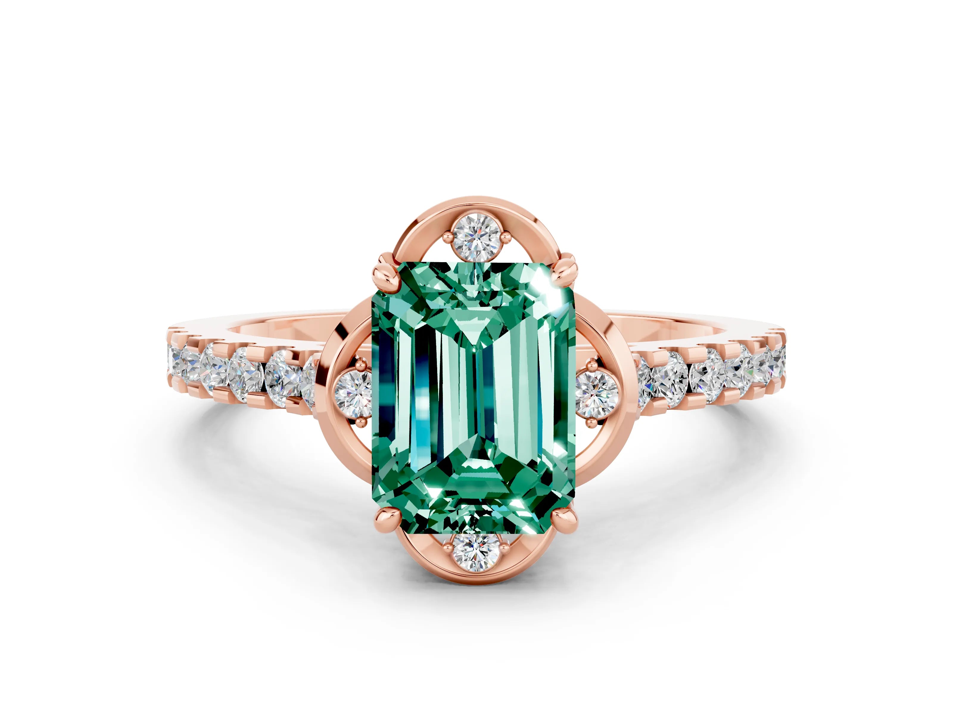 Rose gold Emerald Cut Green Sapphire Ring with Pavé Band and Floral Prong Setting