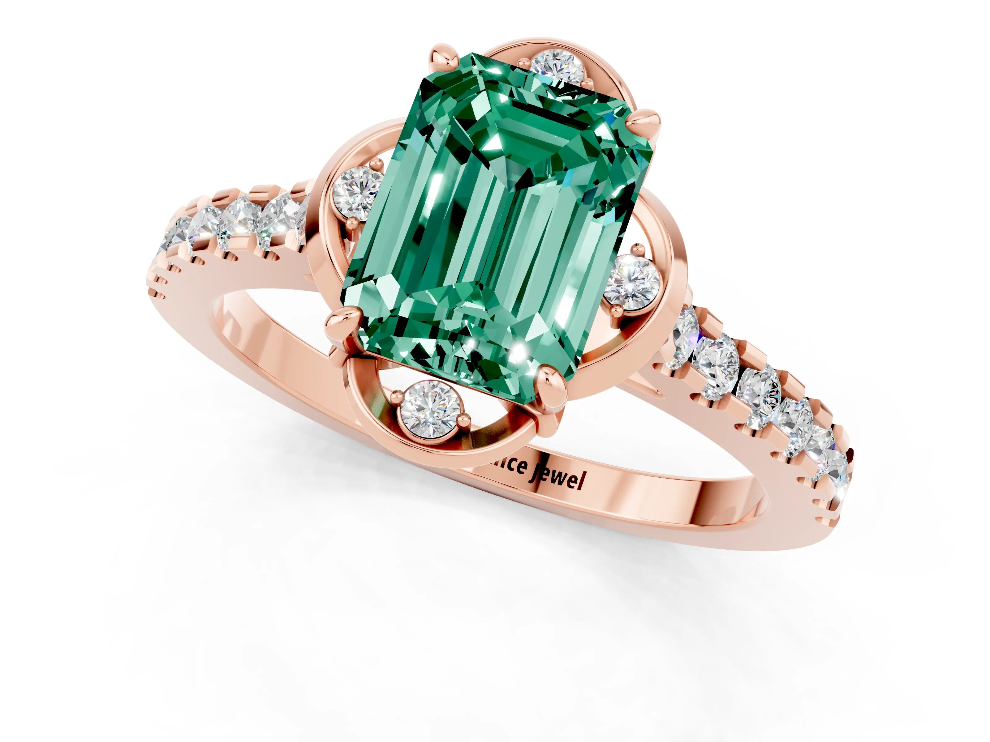 Rose gold Emerald Cut Green Sapphire Ring with Pavé Band and Floral Prong Setting_1