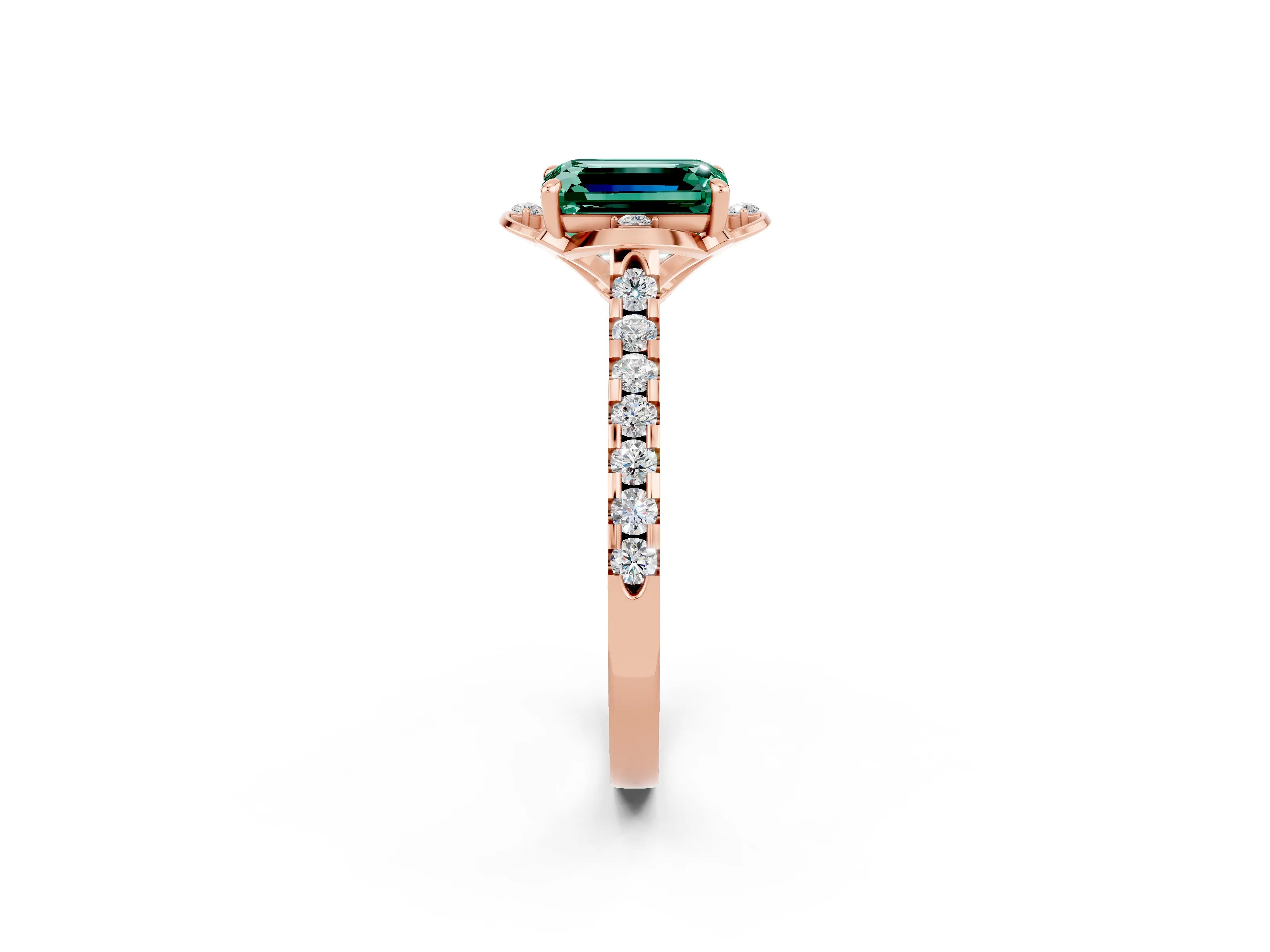 Rose gold Emerald Cut Green Sapphire Ring with Pavé Band and Floral Prong Setting_2