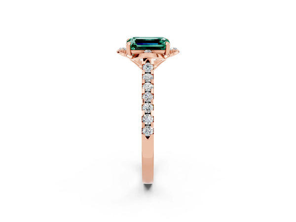 Rose gold Emerald Cut Green Sapphire Ring with Pavé Band and Floral Prong Setting