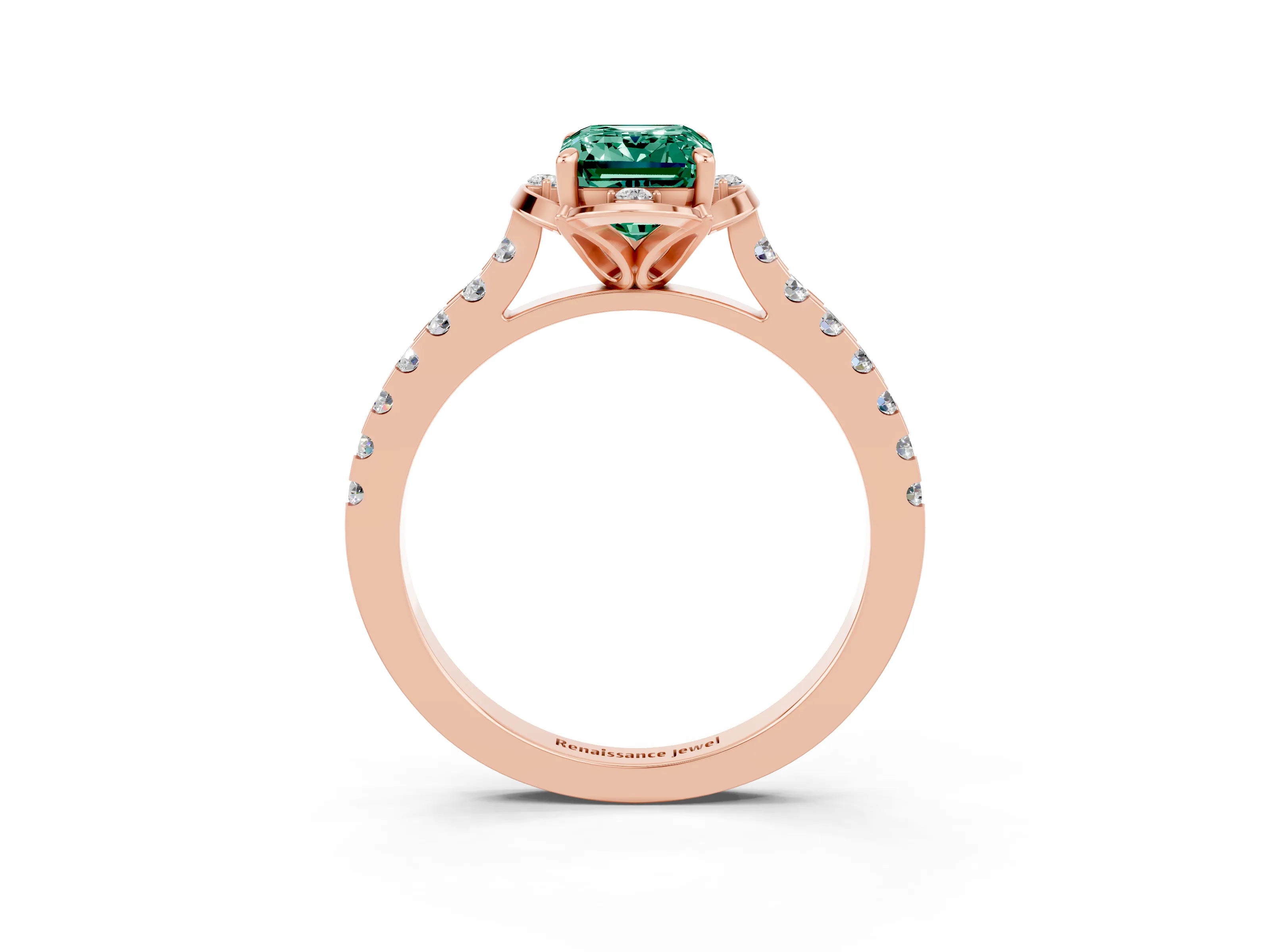 Rose gold Emerald Cut Green Sapphire Ring with Pavé Band and Floral Prong Setting_3