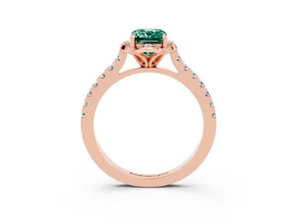 Rose gold Emerald Cut Green Sapphire Ring with Pavé Band and Floral Prong Setting