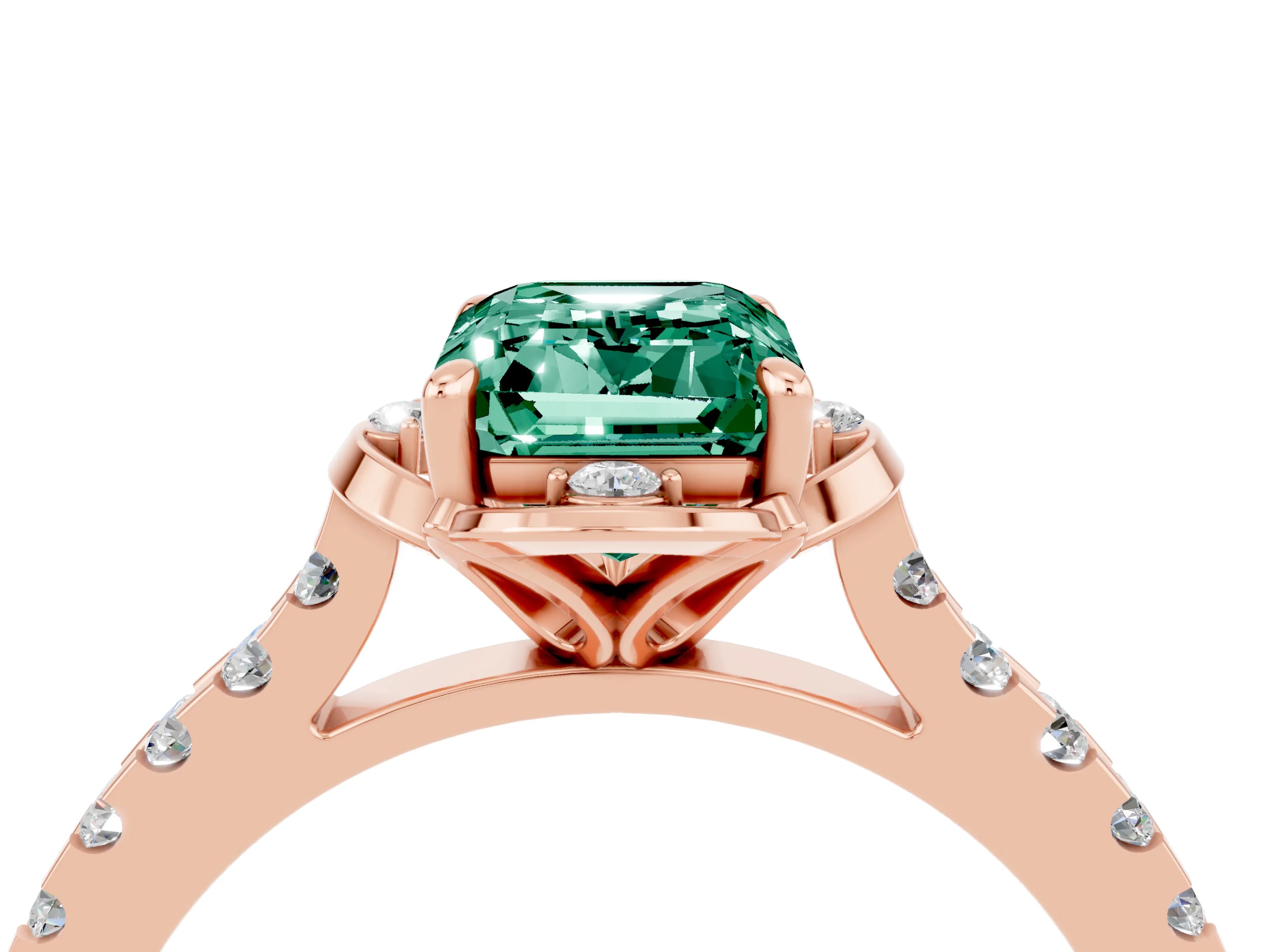 Rose gold Emerald Cut Green Sapphire Ring with Pavé Band and Floral Prong Setting_4